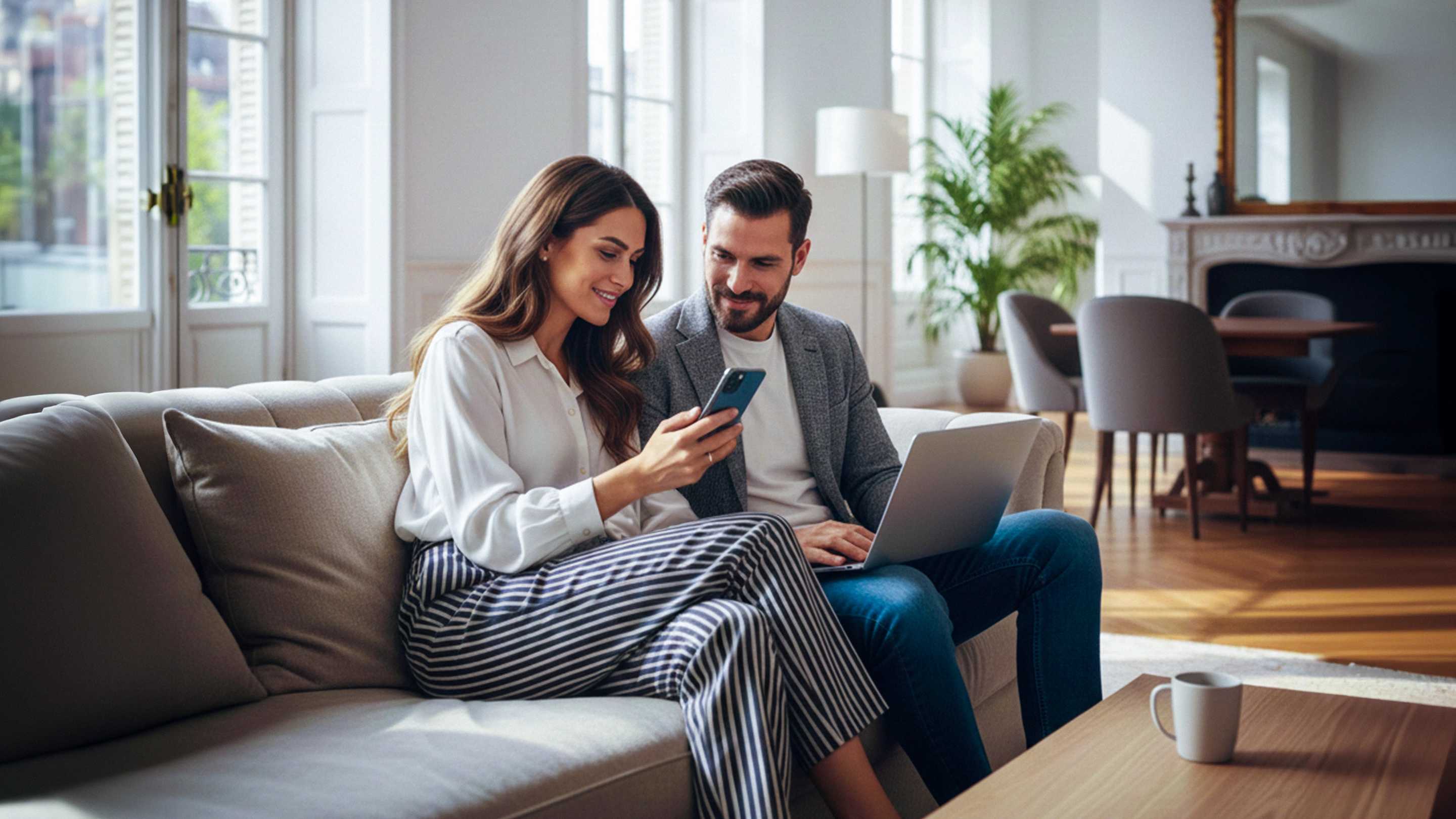 Cuplu care se uita pe un telefon mobil in canapea