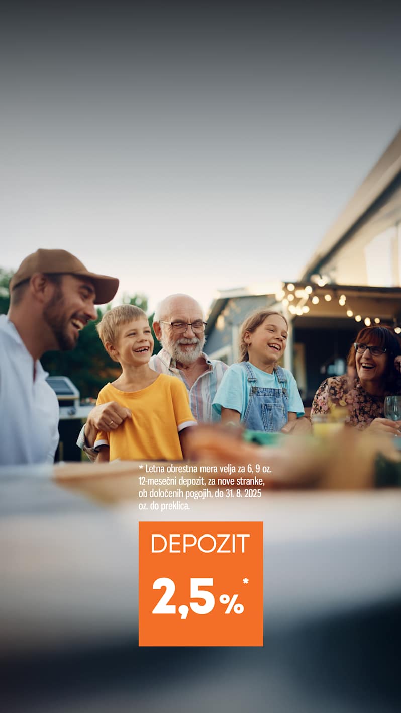 Na sliki je družina na pikniku in napis depozit 2,5 % ter pojasnilo, ob kakšnih pogojih velja ta obrestna mera. Te so dostopne tudi po kliku na gumb Zanima me več.