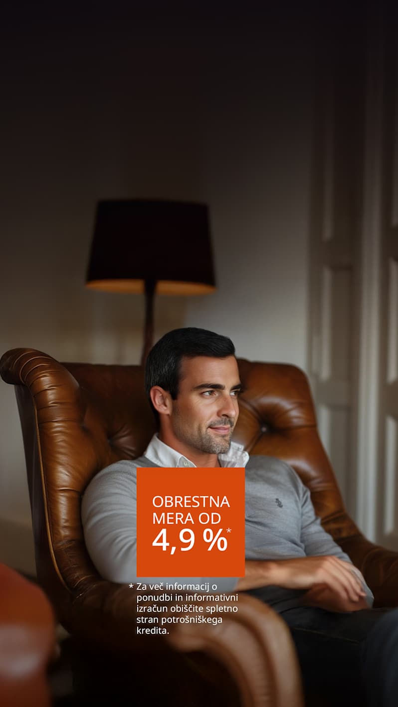  Na sliki je izpostavljena obrestna mera: od 4,9 %. Pogoji so obrazloženi v besedilu v nadaljevanju.