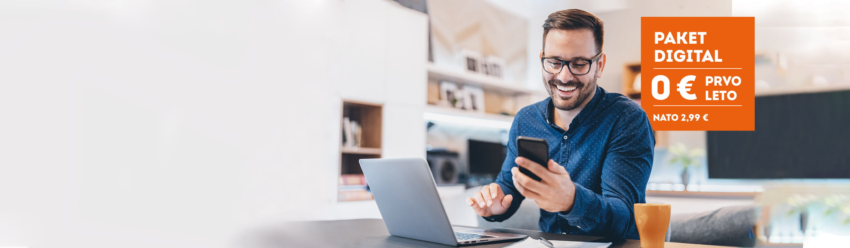 Picture shows a man concluding a package online. It is free for the first year, then €2.99/month.