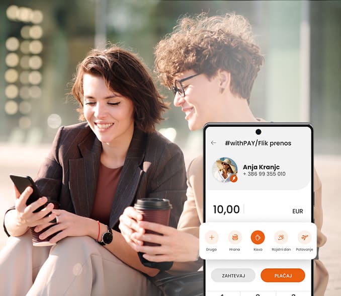 Slika prikazuje izvedbo takojšnjega plačila z storitvijo #withPAY na mobilnem telefonu.