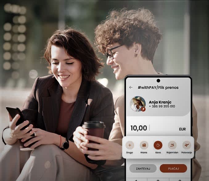 Slika prikazuje izvedbo takojšnjega plačila z storitvijo #withPAY na mobilnem telefonu.