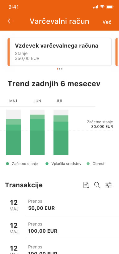 Slika prikazuje pregled varčevalnega računa v mobilni banki.