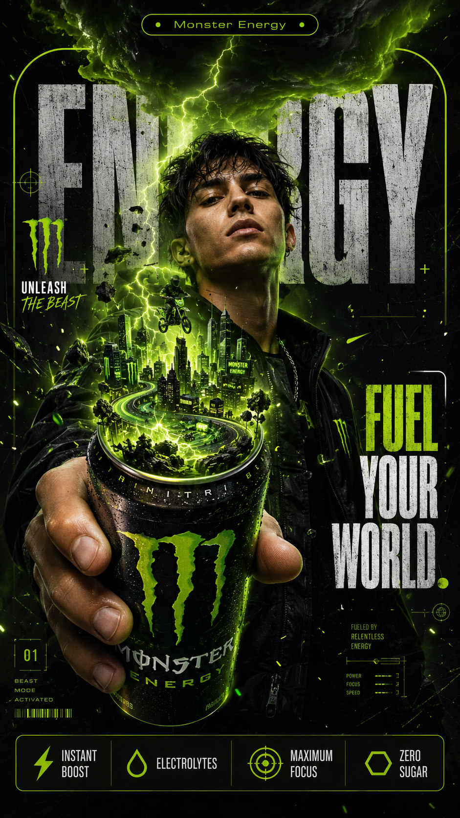 Premium Monster Energy Poster with Surreal Cyberpunk City — Image 2 (9:16)