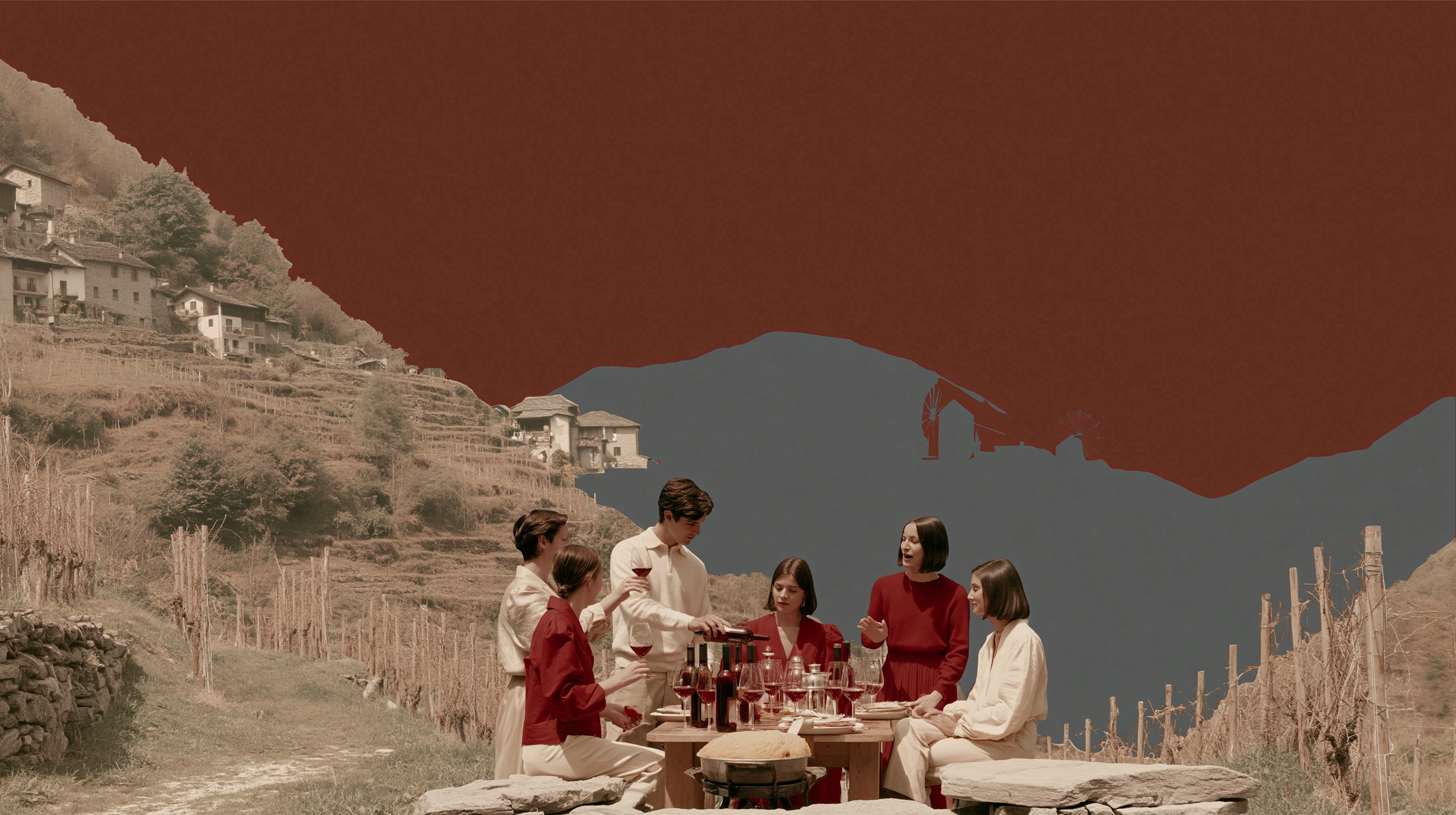 Cinematic Daytime Event Among Vineyards in Valle di Muggio — Midjourney v8 (16:9)