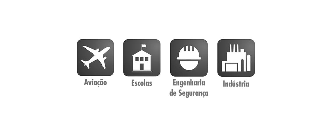 Ícones das áreas de aplicação do TDEC 110: aviação, escolas, engenharia de segurança e indústria