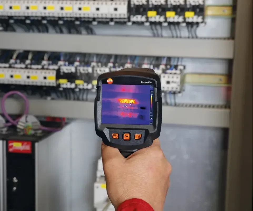 Termovisor verificando pontes térmicas e perdas de calor em fachada