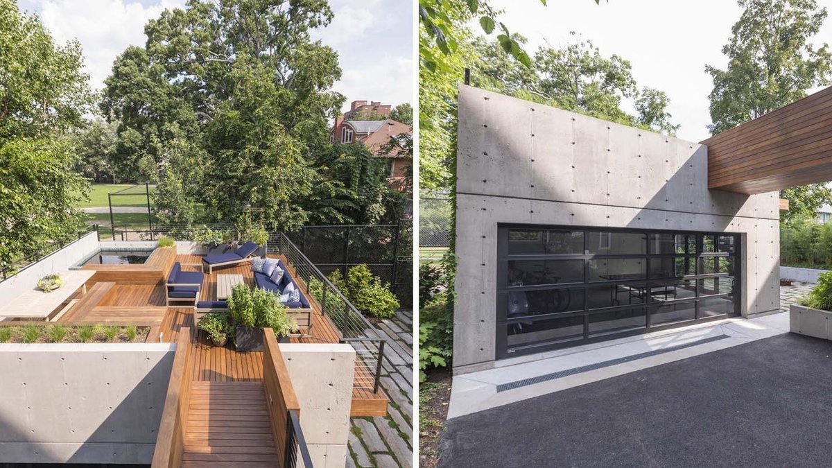 This modern Brookline garage pavilion connects to a Victorian home through a wood bridge and includes entertaining spaces, a 