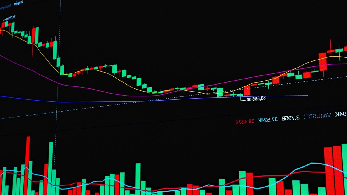 Graphic showing stock market trends with rising and falling bars and line graph indicators.