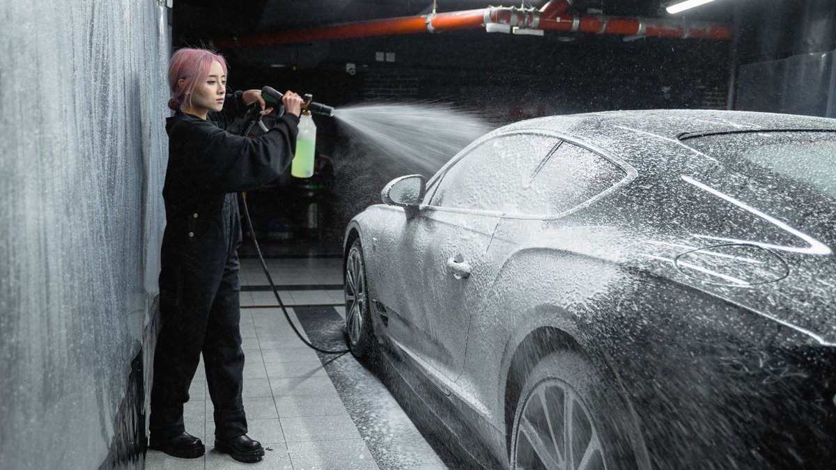 Asian woman with dyed hair washing a car indoors using a pressure washer.
