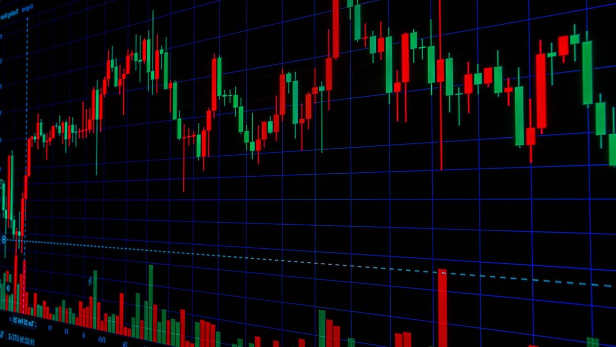 Close-up of a vibrant candlestick chart showing market trends and volatility. Ideal for financial and investment themes.