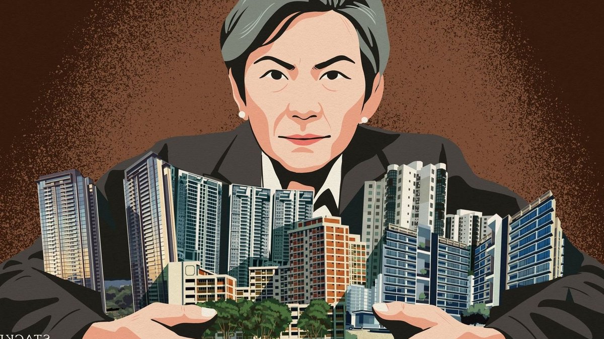 Singapore’s property tax plan may not ease housing crunch Illustration of a person with grey hair in a dark suit holding a cluster of various apartment and condominium buildings.