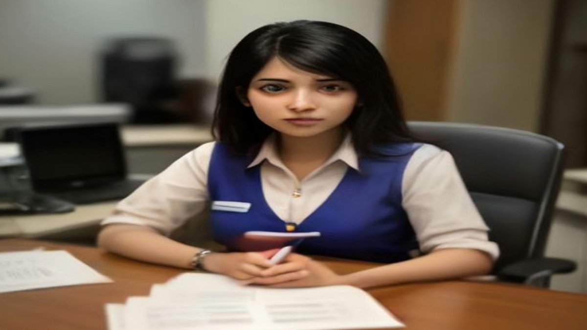 Indian bank teller at desk.