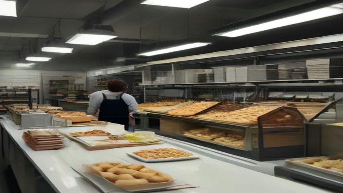 Bustling bakery pie counter.