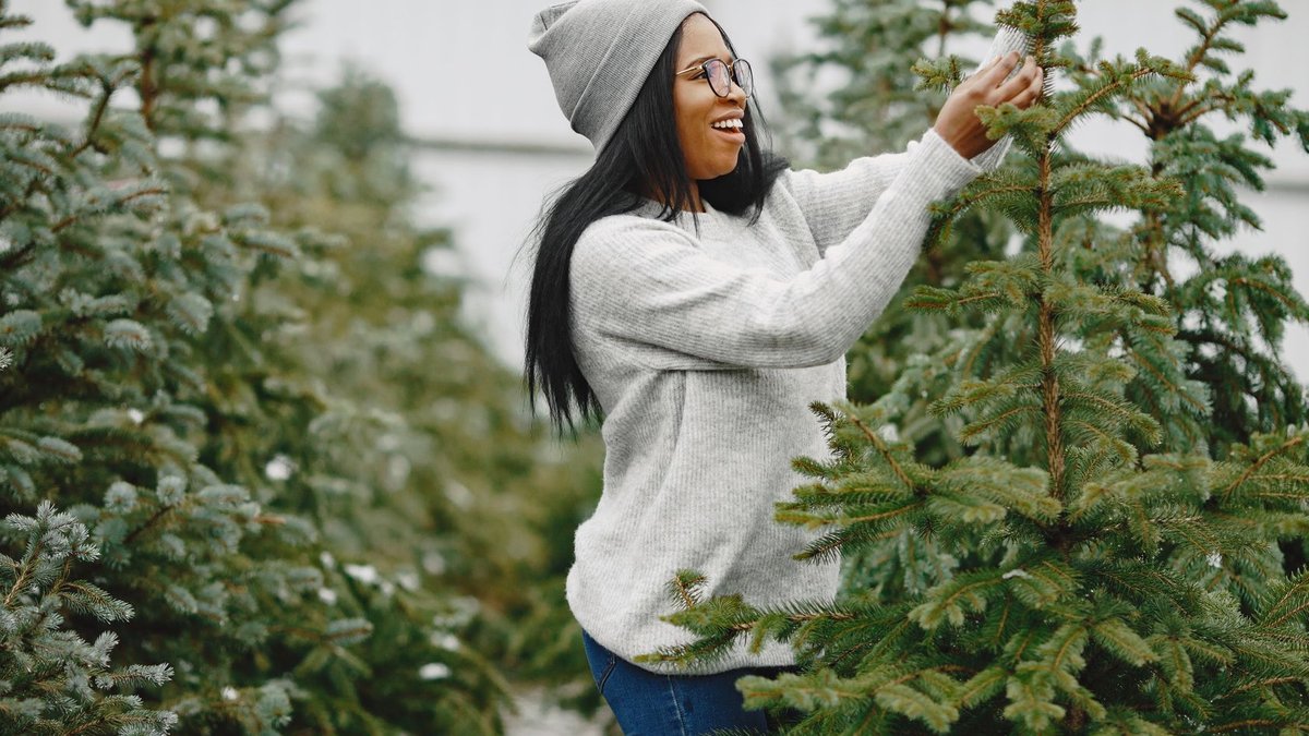 Best Artificial Christmas Trees Ranked Smiling woman adjusting a Christmas tree inside a greenhouse, creating a festive atmosphere.