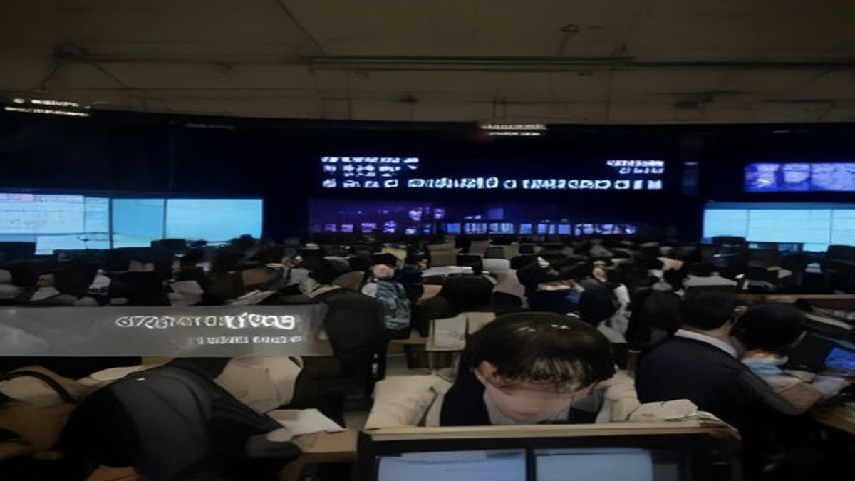 Stock exchange trading floor.