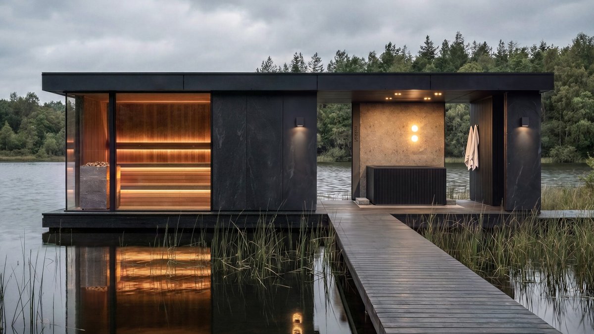 Modular Sauna Offers Rapid Wellness Amenities A modern sauna structure with a wooden dock extending over a lake, featuring a glass-enclosed interior with tiered seating.