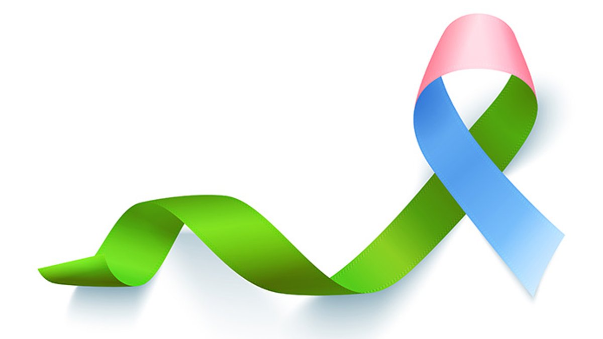 Symbol of rare disease, realistic pink, green, blue ribbon. Template for awareness day on 28 february isolated over white bac
