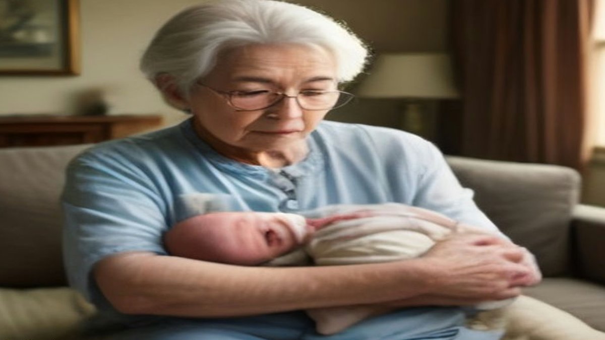 Study Finds Child Hepatitis B Exposure From Household Grandparent holding infant in living room.