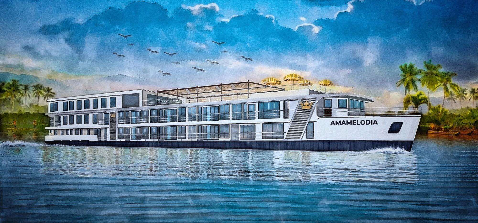 A modern river cruise ship named AmaMelodia sailing past a tropical landscape with palm trees