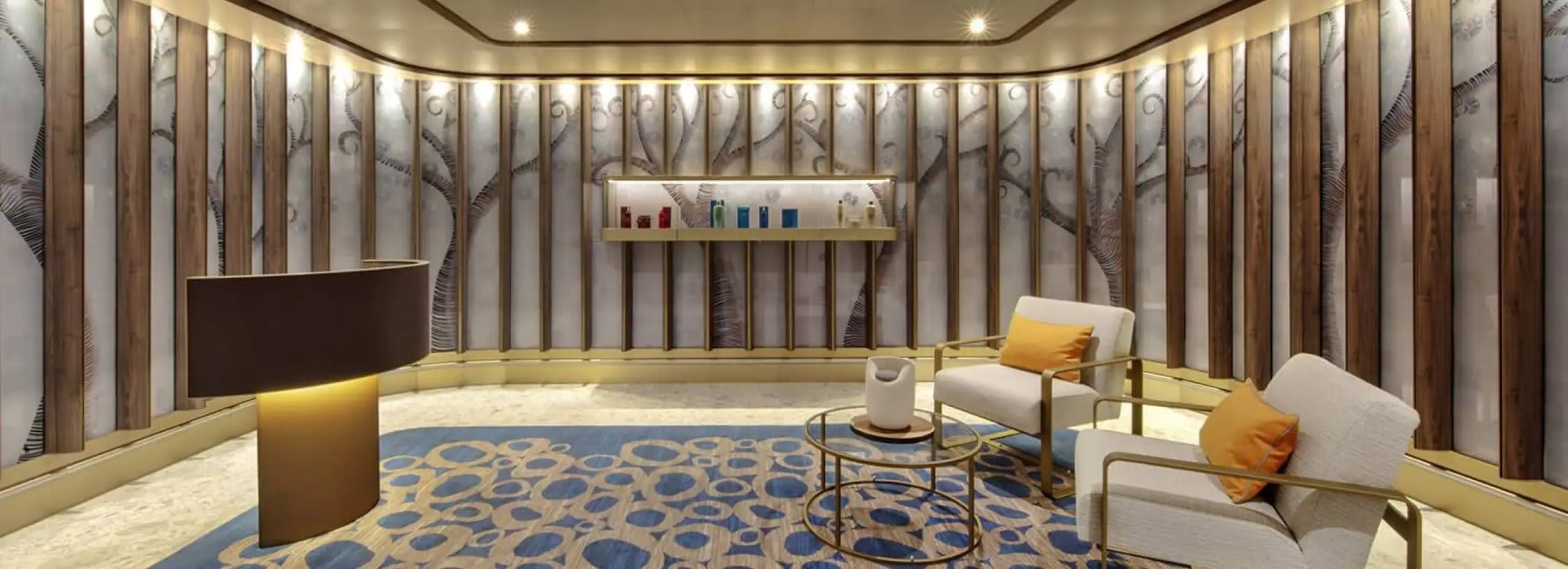An elegant and luxurious spa lobby aboard a Seabourn cruise ship, featuring contemporary design