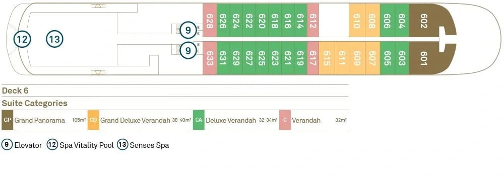 A detailed deck plan diagram for Deck 6 of a cruise ship, showing the layout and categorization