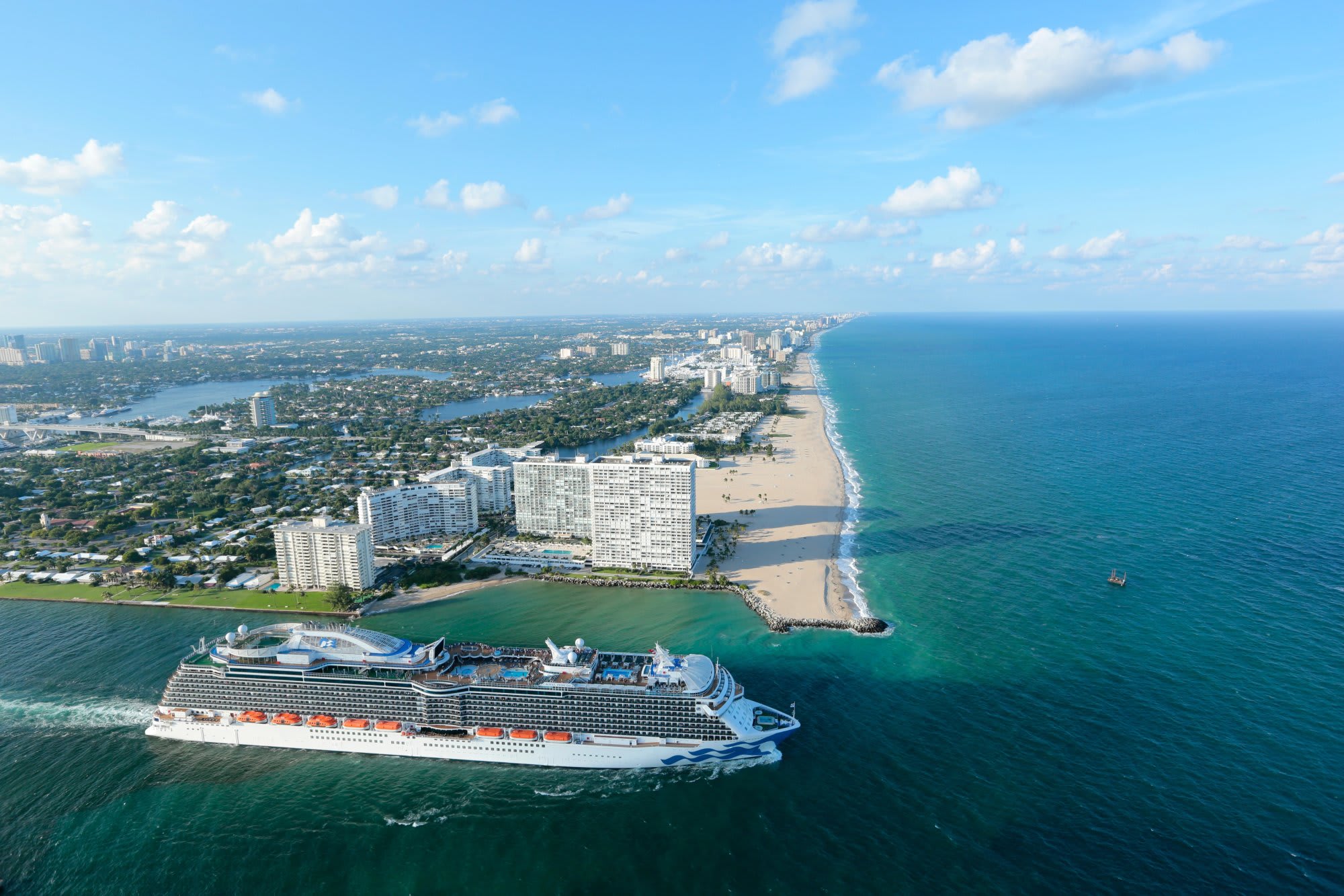 An aerial photograph of the Royal Princess cruise ship docked off the coast of Fort Lauderdale