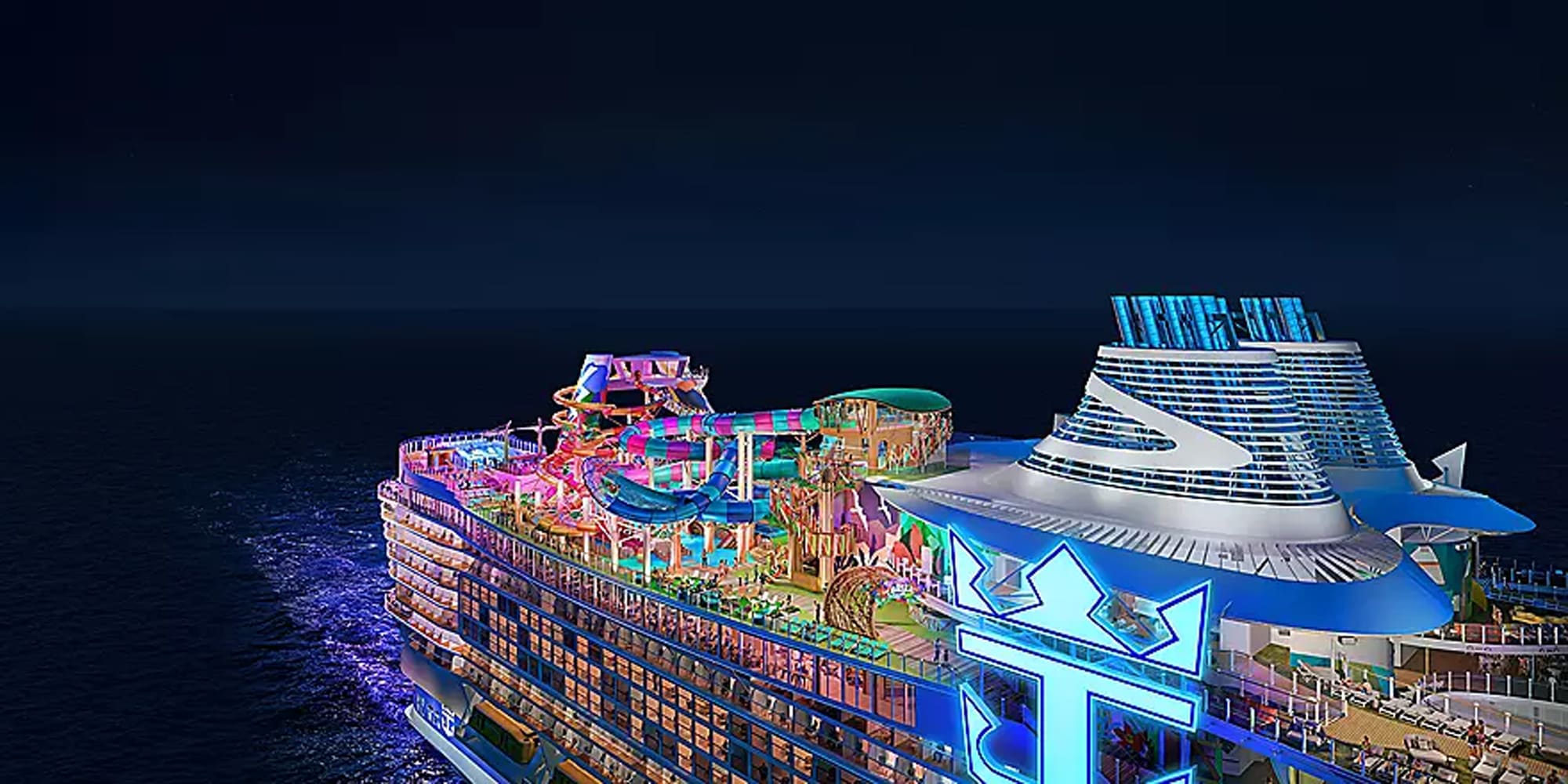 A stunning nighttime aerial rendering of a large modern cruise ship brilliantly illuminated against