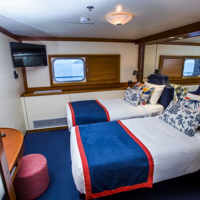 A well-appointed cruise ship stateroom featuring two twin beds dressed in white linens