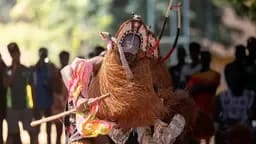 A vibrant cultural performance featuring a person in traditional ornate costume with elaborate
