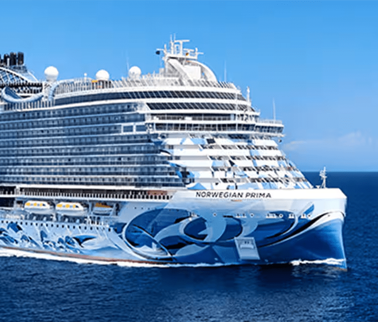 The Norwegian Prima, a modern cruise ship operated by Norwegian Cruise Line, is pictured in full