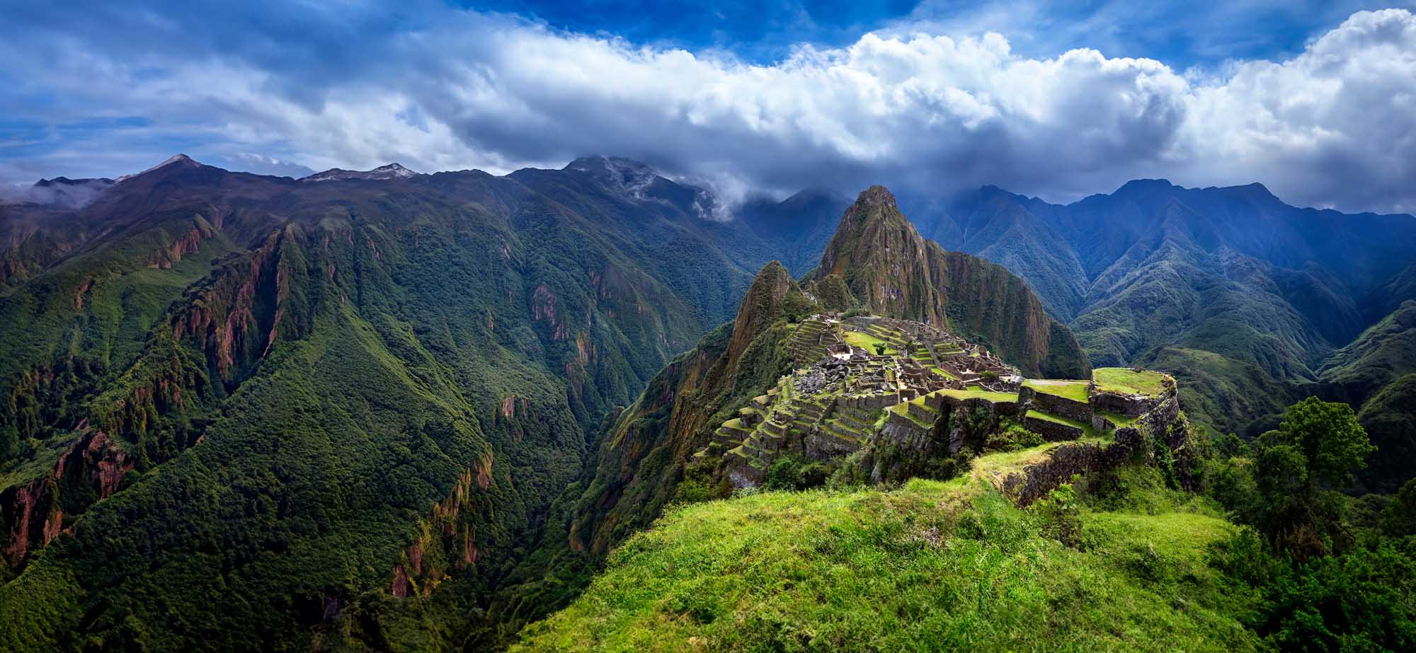 A stunning aerial view of Machu Picchu, the iconic 15th-century Inca citadel perched on a mountain