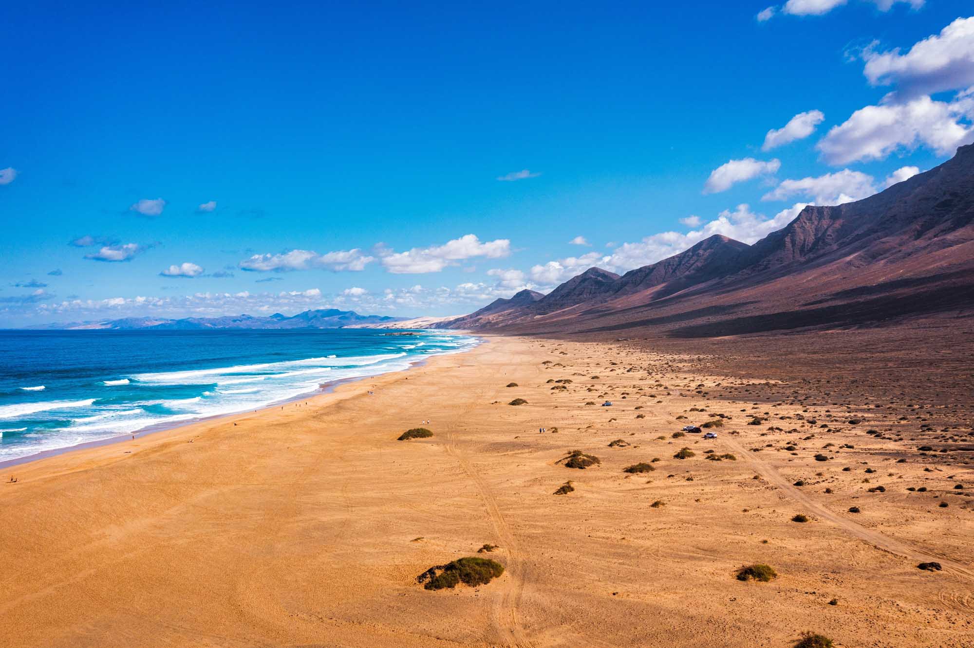 A stunning panoramic view of Cofete beach in Fuerteventura, Canary Islands, featuring golden sand stretching along the Atlantic Ocean with dramatic volcanic mountains rising in the background under a brilliant blue sky with scattered clouds.