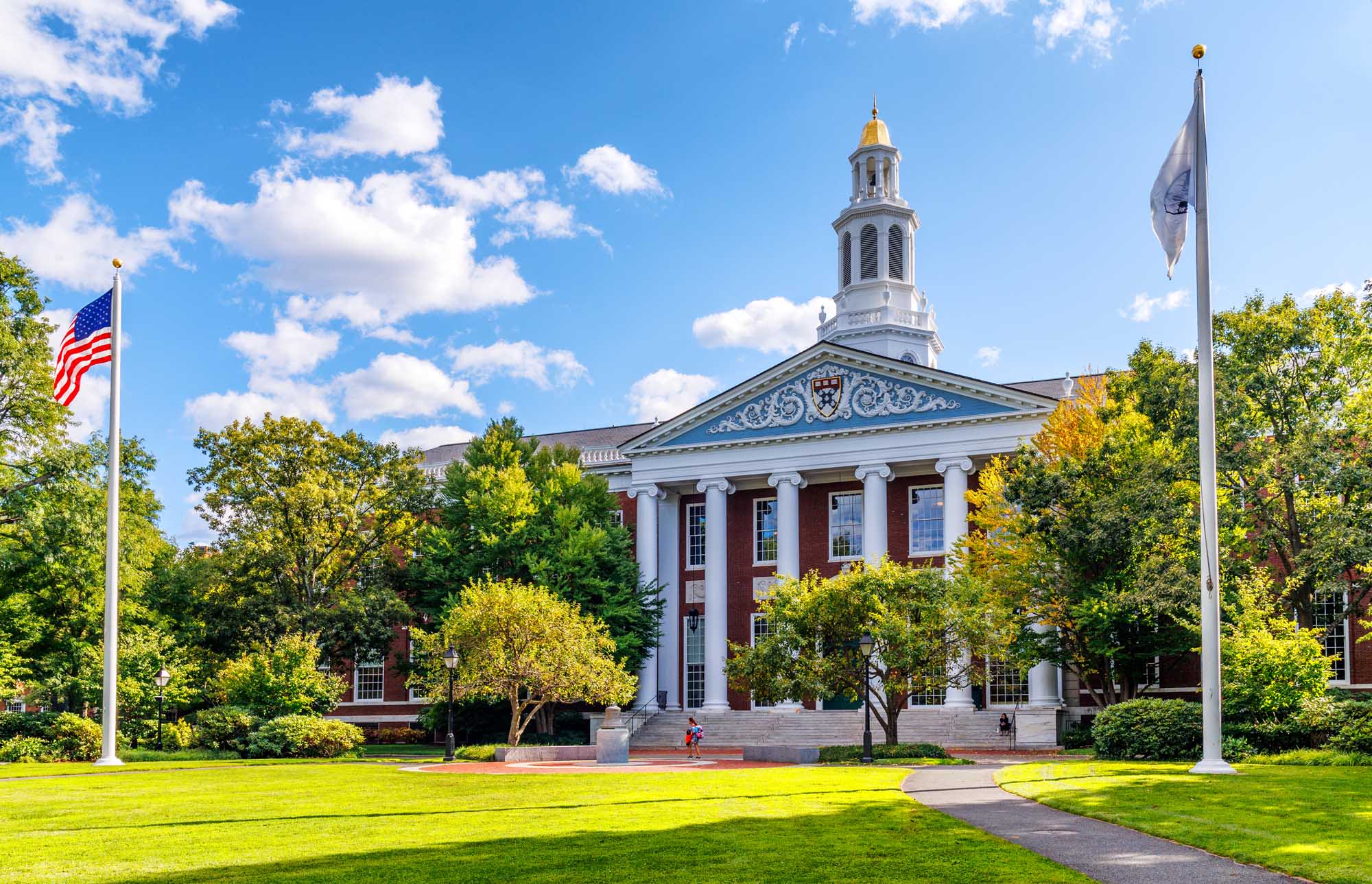 Baker Library, the world's largest business library, stands prominently on the Harvard Business