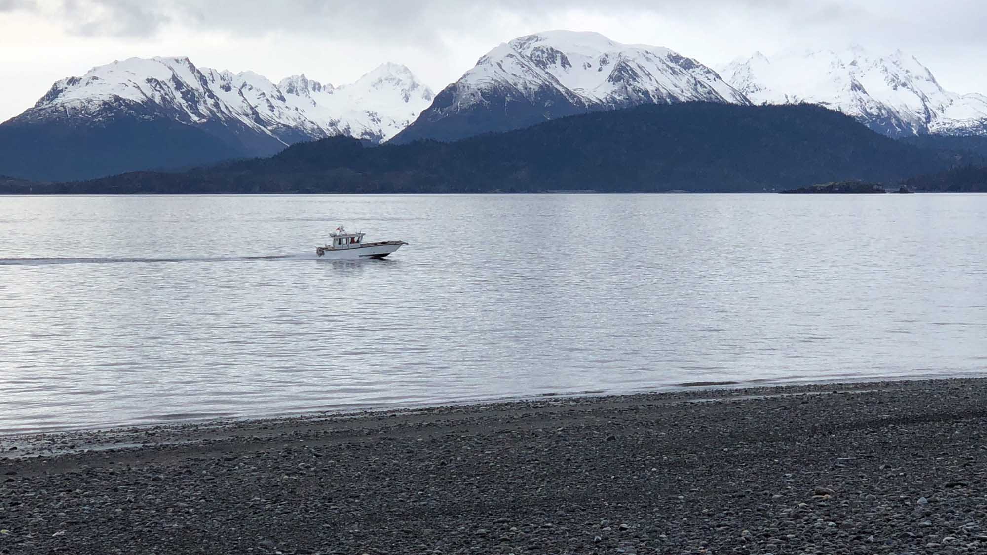 A serene Patagonian landscape featuring a small fishing or tour boat anchored in calm waters