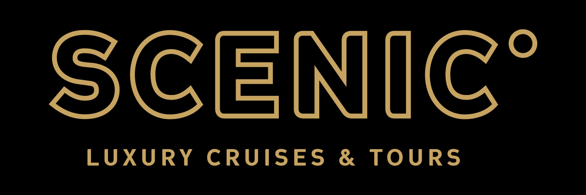 A elegant gold and black logo design for Scenic luxury cruises and tours company. The text features