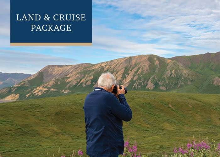 An older adult with white hair, dressed in a dark blue jacket, stands in an alpine meadow