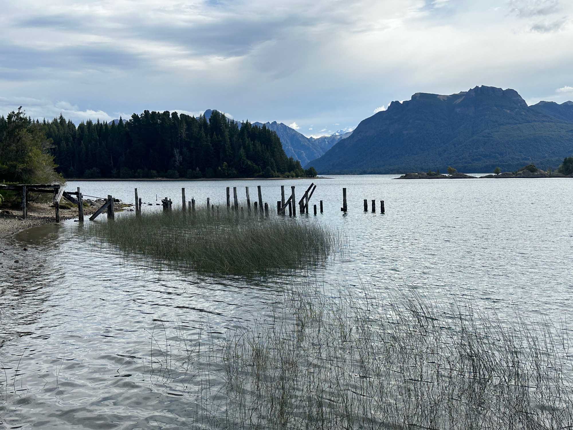 A serene alpine lake scene featuring weathered wooden pilings and native marsh grasses in