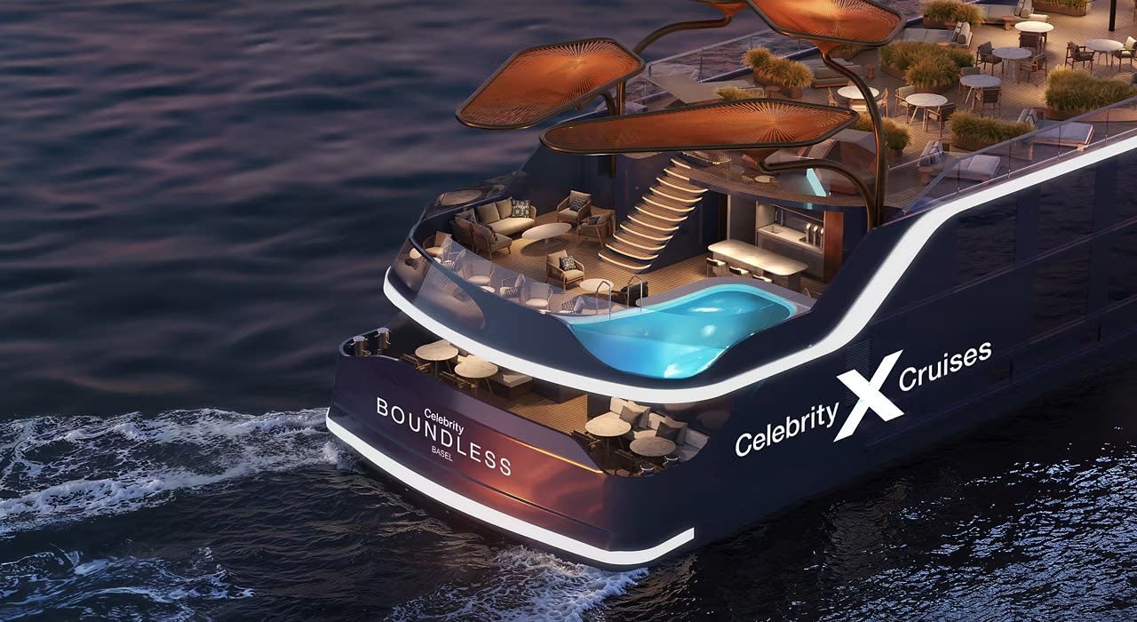 A luxurious aft pool deck aboard the Celebrity Boundless river cruise ship, featuring