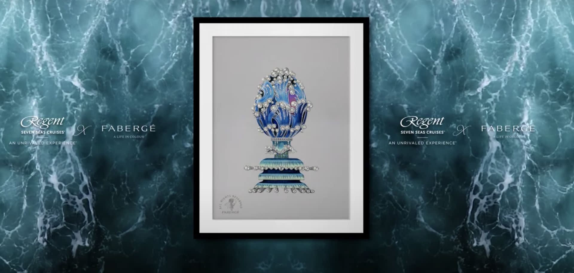 An ornate blue and white Fabergé-style egg artwork displayed in a black-framed presentation