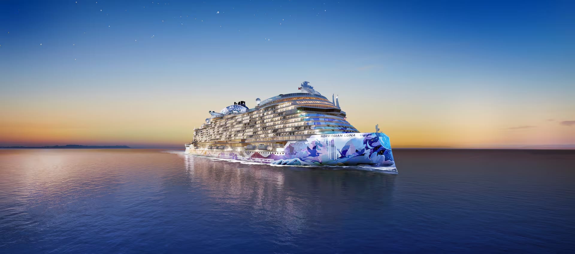 The Norwegian Luna, a modern mega cruise ship operated by Norwegian Cruise Line, glides through