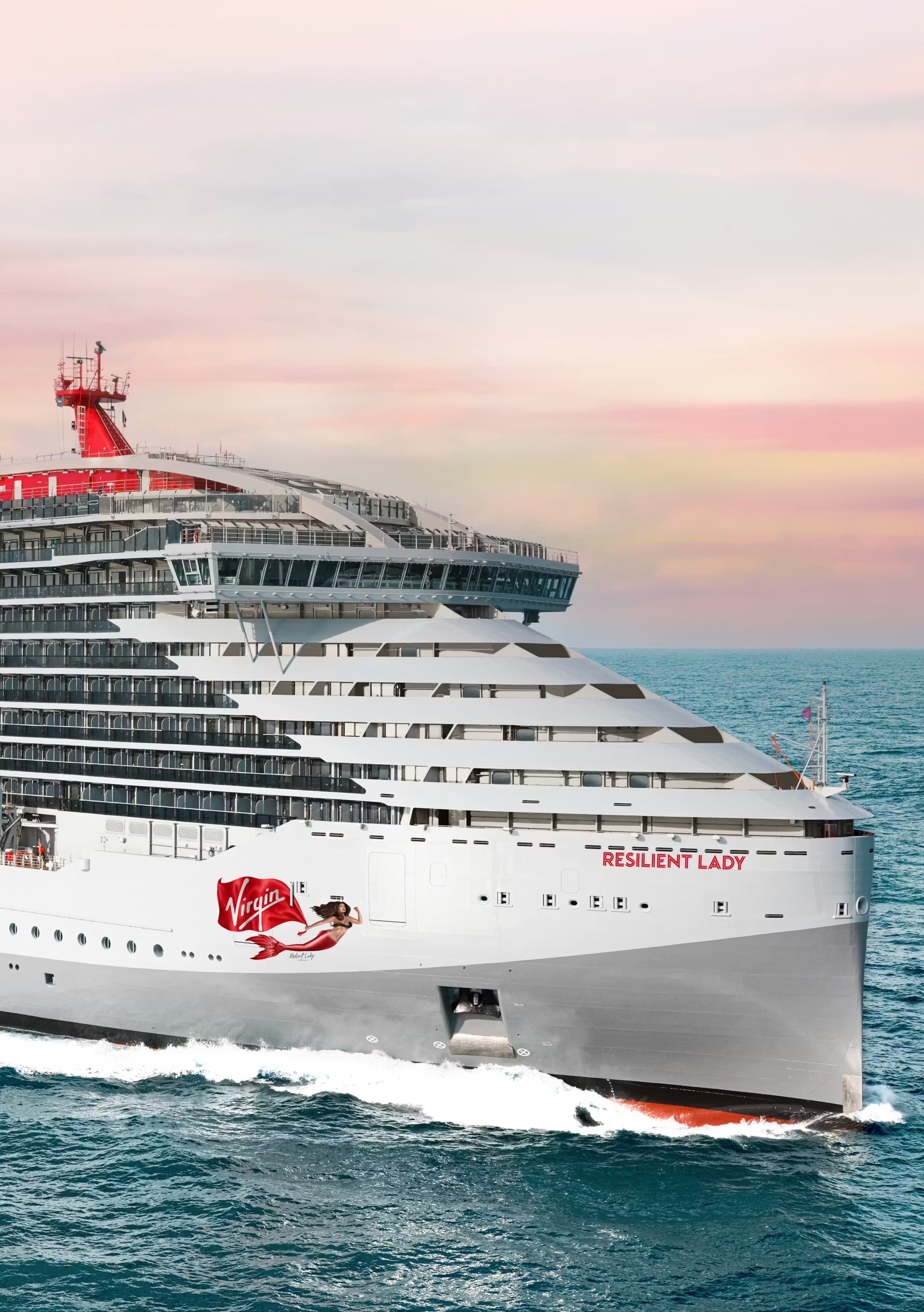 The Virgin Voyages cruise ship Resilient Lady is pictured underway at sea, showcasing its