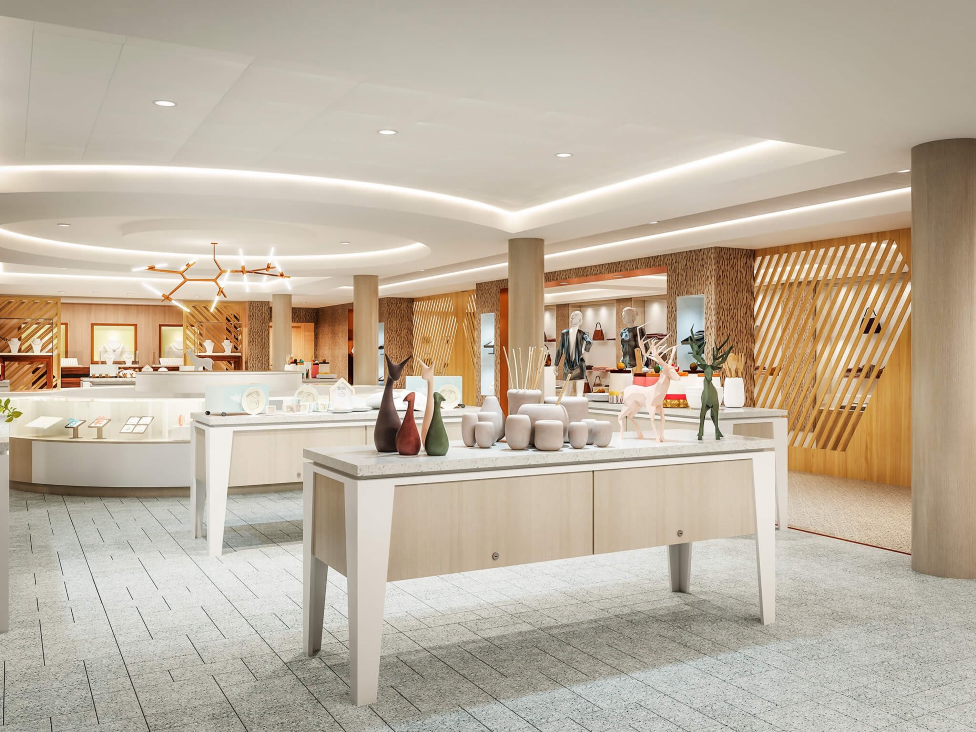 A contemporary, upscale retail and showroom space featuring modern design elements including warm