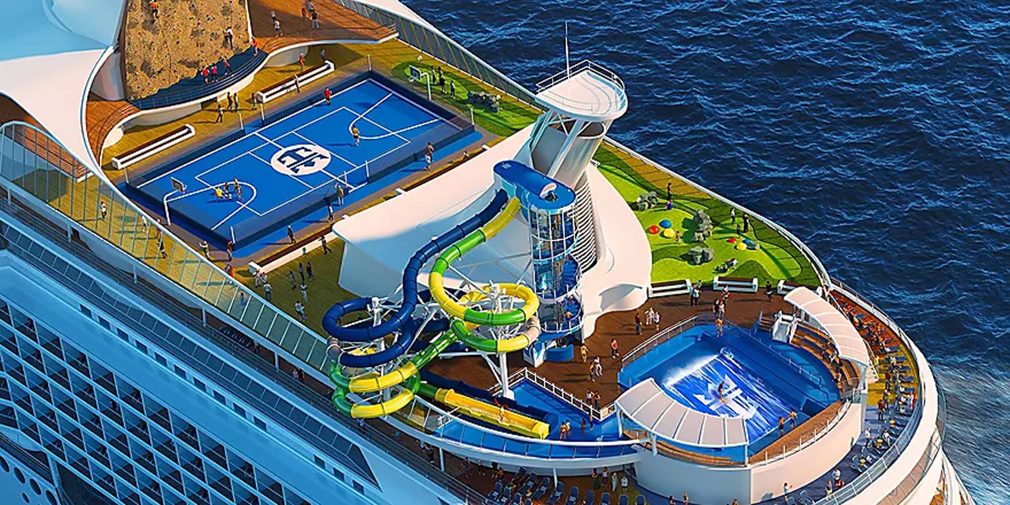 An aerial view of a modern cruise ship's deck featuring multiple recreational facilities including