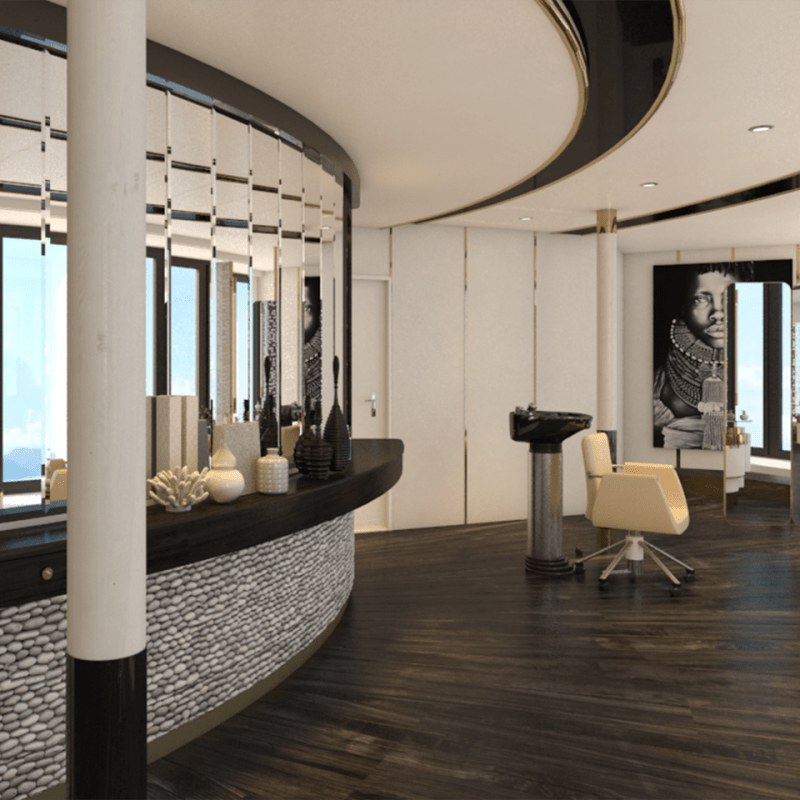 A contemporary spa and salon space featuring curved architectural elements, a sleek black reception