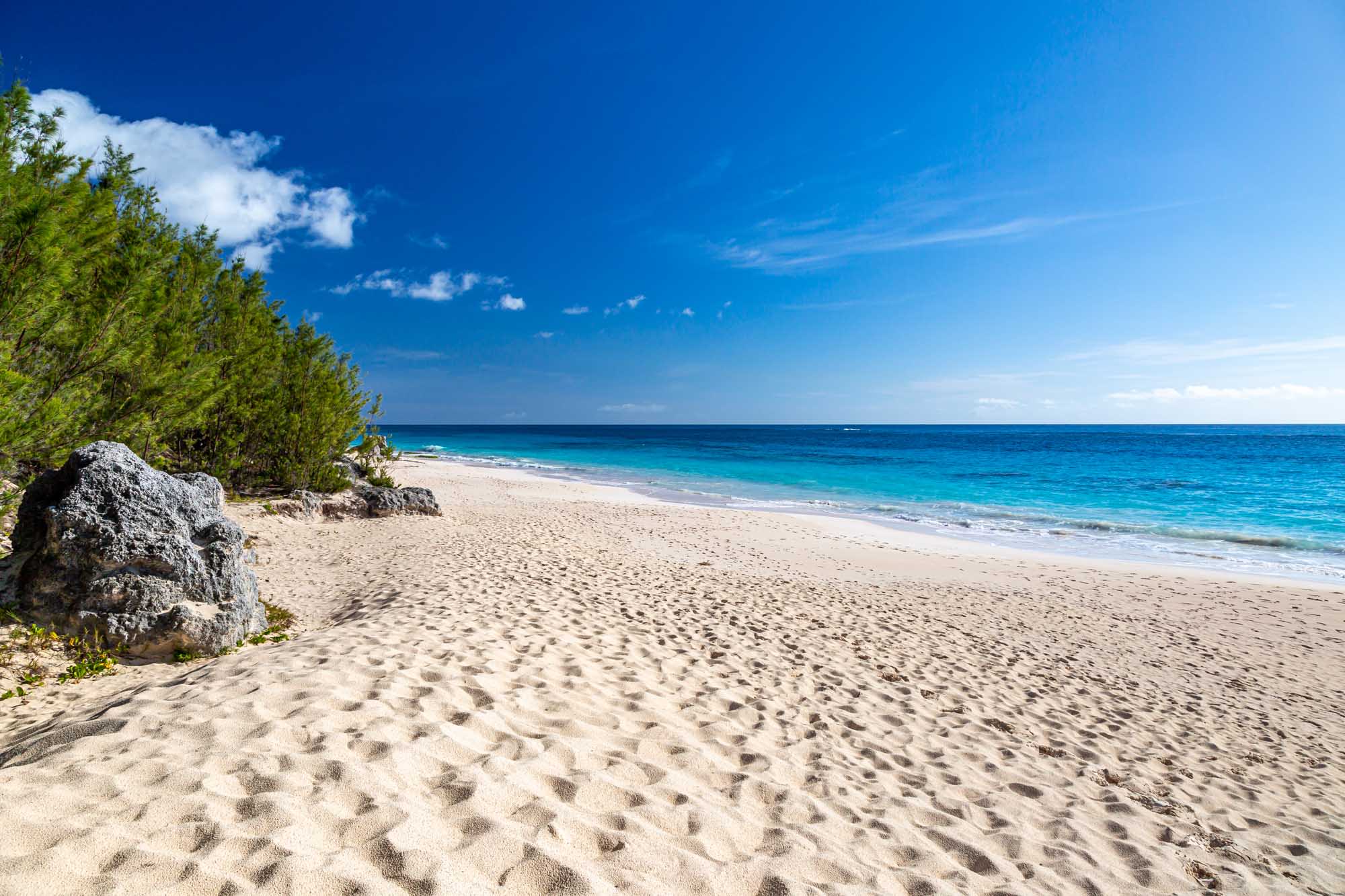 A pristine tropical beach scene featuring soft white sand, crystal-clear turquoise waters, and lush