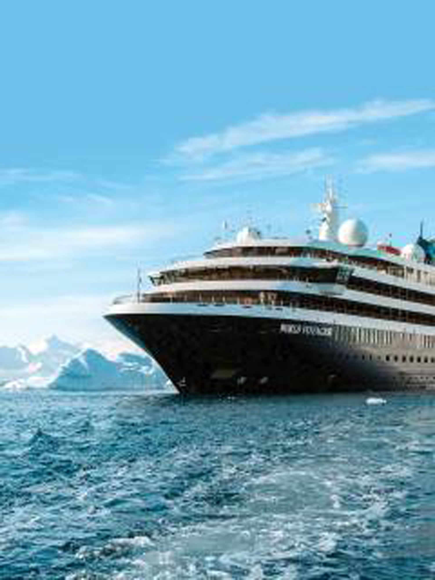 A large luxury cruise ship navigates icy Antarctic waters with an iceberg visible in