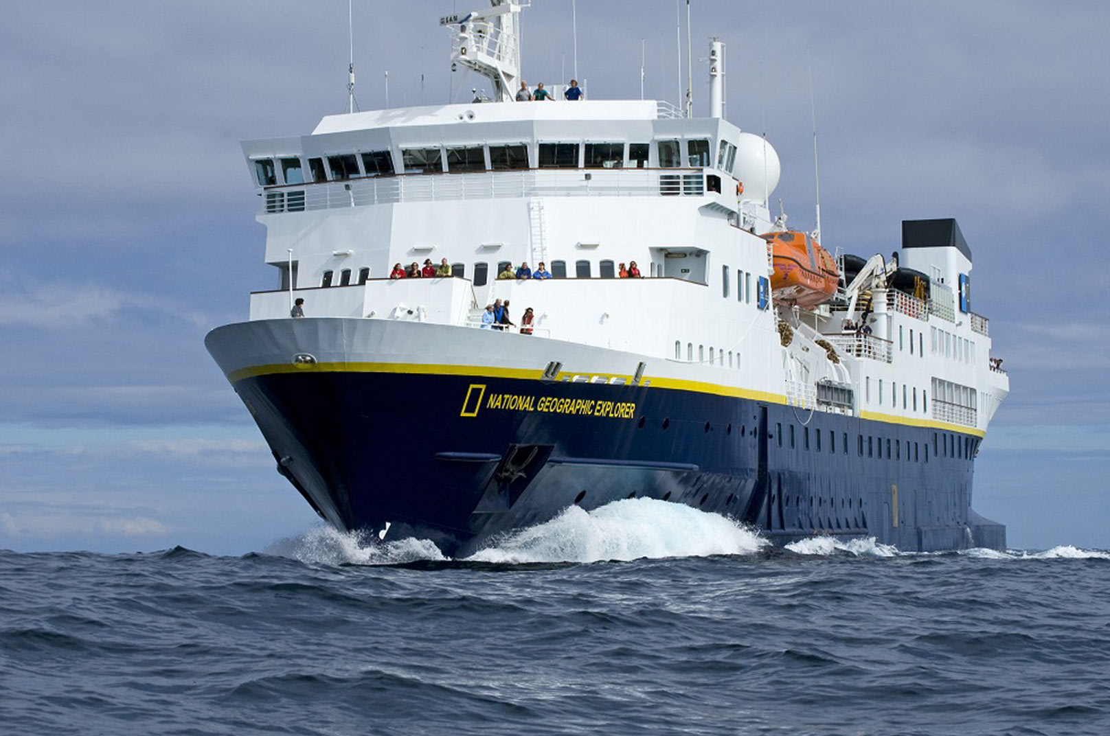 The National Geographic Explorer, a state-of-the-art expedition cruise ship, is shown navigating
