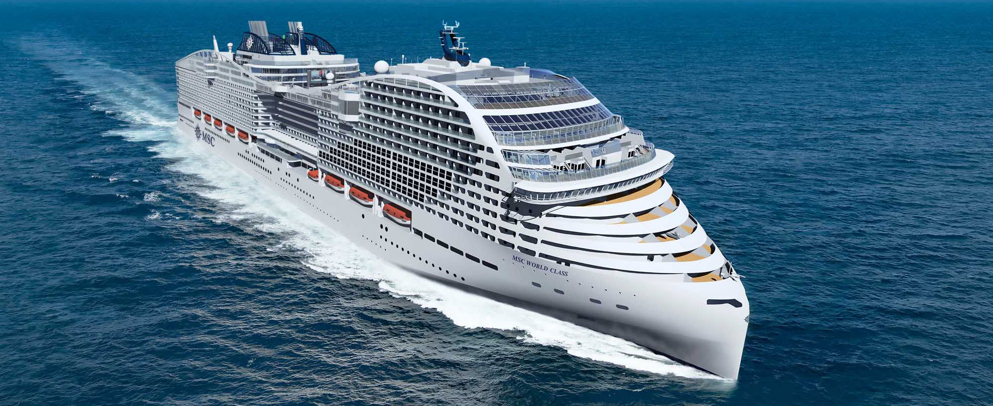 A modern luxury cruise ship of the MSC World Class fleet sailing through deep blue ocean waters