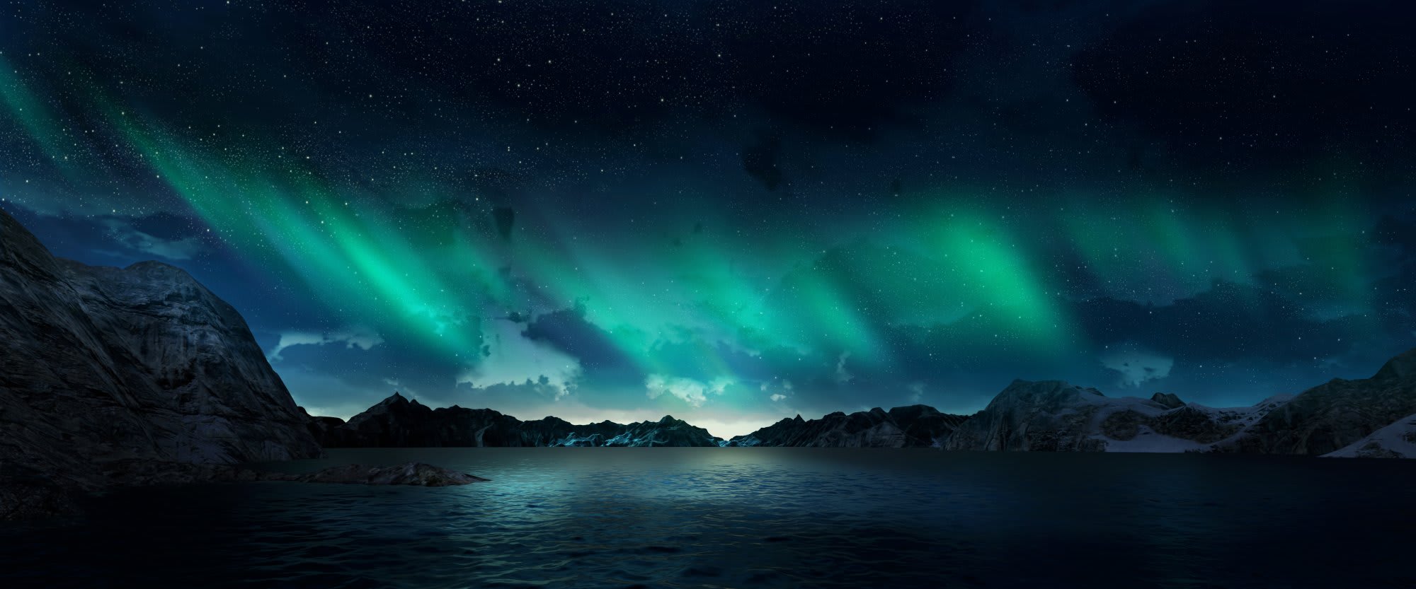 A breathtaking nighttime scene featuring the Northern Lights (Aurora Borealis) dancing in vibrant green hues across a star-filled sky above a serene Arctic fjord surrounded by snow-capped mountains and icy shores.